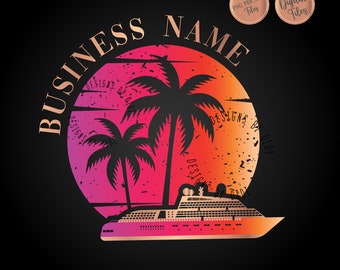 Travel Logo, sunset ship cruise palm tree exotic rainbow design, travel agency logo, travel blogger trip advisor design, tourism ocean vacay