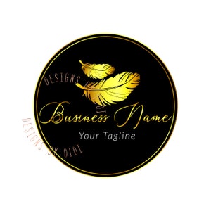 May include: A black circle with a gold feather design and the text "Designs by Didi" and "Business Name" with the tagline "Your Tagline".
