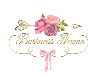 Flower logo design, logo design boutique, arrow pink flowers bow, fashion logo, beauty logo, femininity logo, nature botany, branding pack