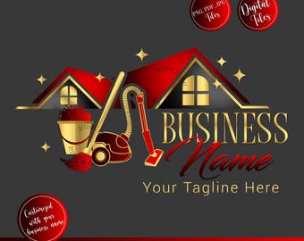 House cleaning logo, residential cleaning service logo, vacuum cleaner duster broom design watermark, red gold housekeeping branding glam
