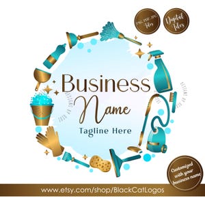 May include: A logo design featuring cleaning supplies like a vacuum, spray bottle, and sponge, arranged in a circle around the text "Business Name" and "Tagline Here." The design is in shades of teal, gold, and brown, with the Etsy shop URL at the bottom.