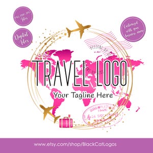 Travel Logo design, gold pink travel logo design, travel Business Logo, round circle travel Agent Logo, hot pink suitcase graphic design