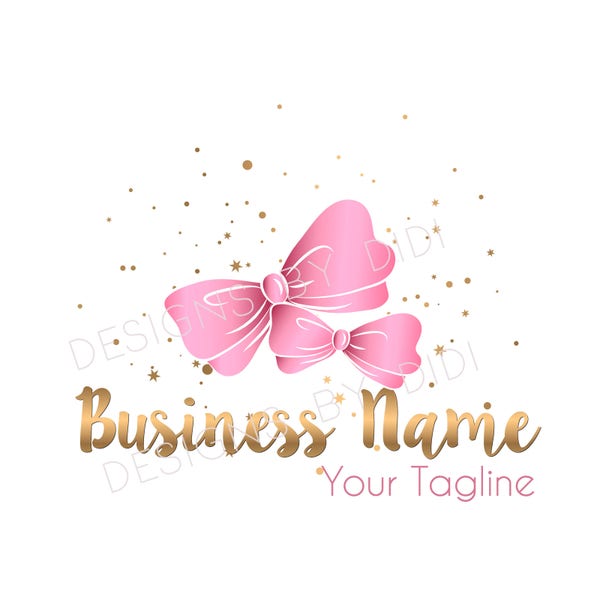 Logo rose avec noeud, filigrane doré avec noeud scintillant, logo ruban, logo noeud pour cheveux, conception graphique, aquarelle préfabriquée, logo féminin, identité de marque