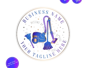 House cleaning logo, residential cleaning service logo, vacuum cleaner duster broom design watermark, purple blue housekeeping branding