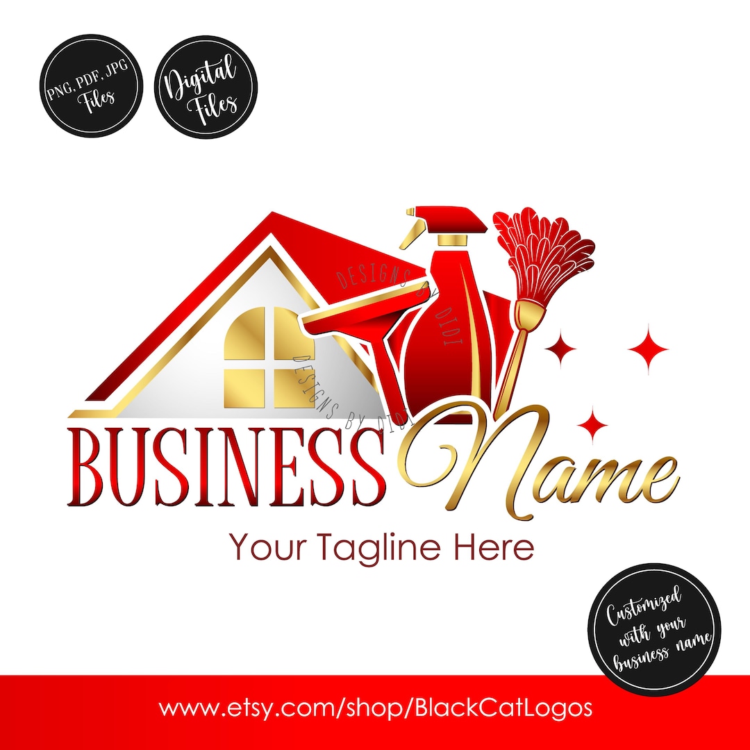 Cleaning Service Logo, Maid Service, Housekeeping Logo, Gold Red Duster