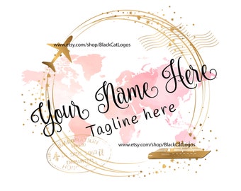 Travel Logo, plane ship cruise logo, travel agent logo, travel agency logo, gold pink map travel logo design, branding package, vector logo