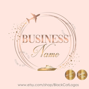 Travel Logo, plane ship cruise logo, travel agent logo, travel agency logo, gold pink map travel logo design, branding package, vector logo