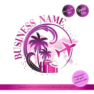 Logotipo de agencia de viajes, diseño de sombrero para el sol con olas de palmeras y destellos de color rosa intenso, logotipo de agencia de viajes, diseño de maleta de avión para viajes, logotipo de turismo