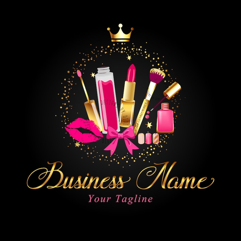May include: A gold crown with a pink bow and a circle of gold glitter. Inside the circle are pink and gold makeup items, including lipstick, nail polish, and a makeup brush. The text "Business Name" and "Your Tagline" are below the circle.
