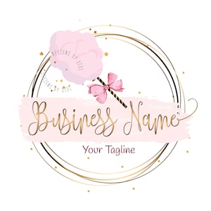 Cotton candy logo, premade logo, pink gold logo cotton, cotton candy bow Logo design, logo for children, branding package, graphic design