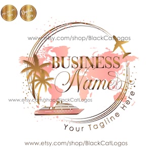 Reislogo, vliegtuigschip cruiselogo, logo reisbureau, logo reisbureau, goudroze kaart reizen logo-ontwerp, brandingpakket, vectorlogo