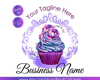 Bäckerei Logo Design, Cupcake Logo Design, Cupcake Blumen lila blau Business Logo, Süßigkeiten Back Logo, Branding Paket, Vektor Muffin