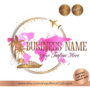 May include: A logo design featuring a gold airplane, palm trees, and a cruise ship, set against a pink world map. The text reads "BUSINESS NAME" and "Your Tagline Here". Includes "PNG, PDF, JPG Files" and "Digital Files" badges.