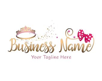 Pink Bow Tiara Logo Design: Gold Princess Crown Branding (Digital Files)