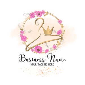 Pink Floral Hanger Logo Design: Gold Fashion Boutique Branding