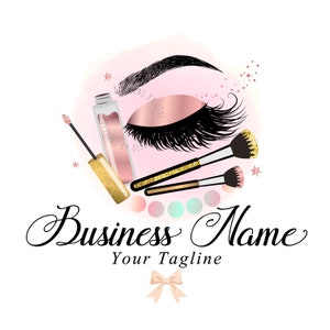 May include: A pink and gold makeup logo with a stylized eye, eyelashes, and makeup brushes. The text "Business Name" and "Your Tagline" are below the image.