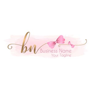 Pink & Gold Bow Logo: Watercolor Ribbon Branding (Digital Files)