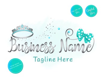 Tiara Schleife Logo, Krone Logo Design Boutique, Schleife blaugrün Silber Kronen Logo, Tiara Schleife Logo rosa, feminines Logo, Prinzen Krone, Branding Identität