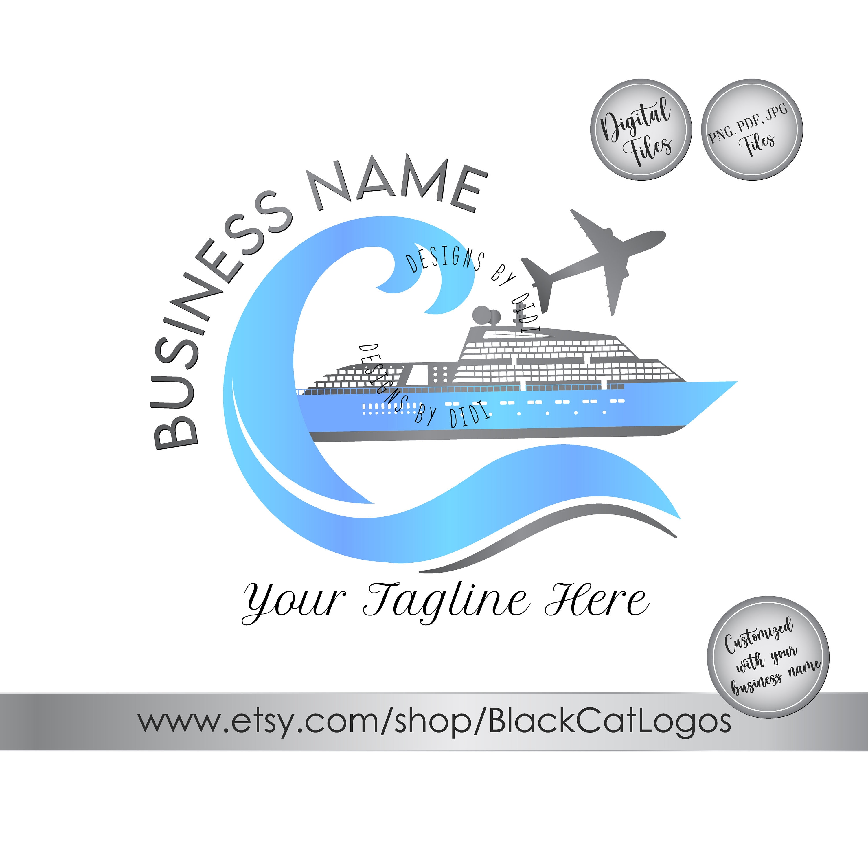 Travel Agency Logo: Ocean Wave, Cruise Ship, Airplane (digital Files) - Etsy, image size:3000x3000
