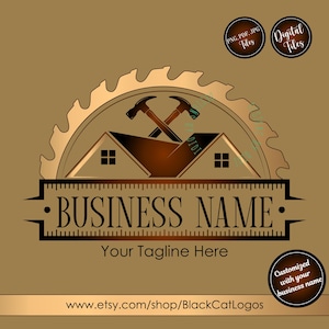 Puede incluir: Un diseño de logotipo de carpintería con una hoja de sierra, martillos cruzados y siluetas de casas. Se muestran las palabras "BUSINESS NAME" y "Your Tagline Here". Incluye texto: "PNG, PDF, JPG Files", "Digital Files" y "Customized with your business name".
