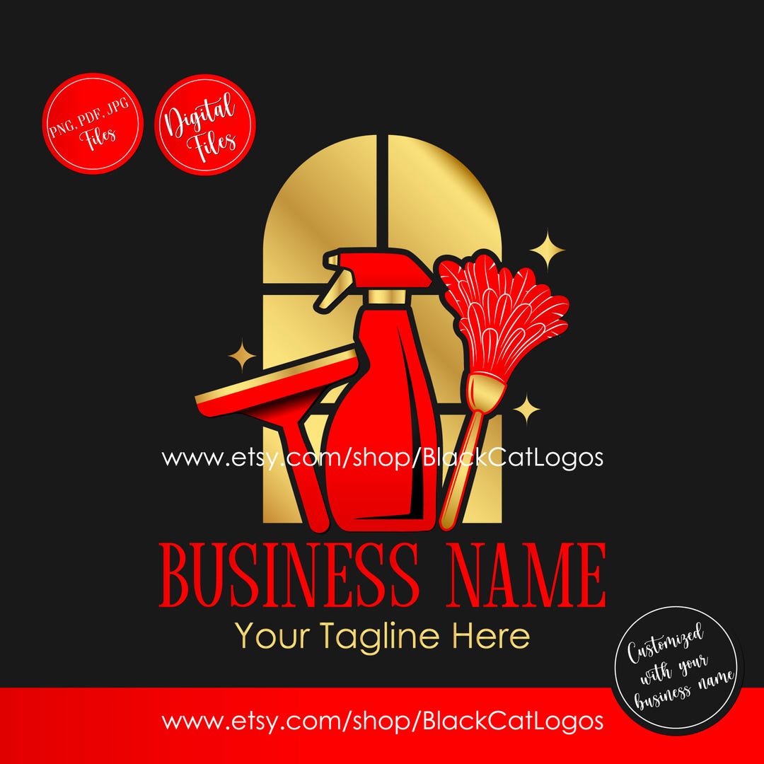 Cleaning Service Logo, Maid Service, Housekeeping Logo, Gold Red Duster