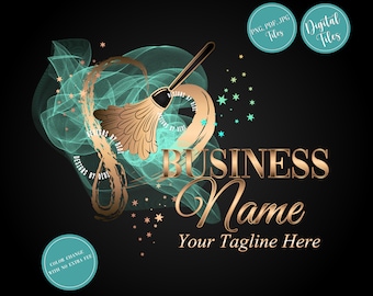 May include: A gold broom and heart design with a teal and gold color scheme. The text "BUSINESS Name Your Tagline Here" is below the design. The text "PNG, PDF, JPG Tiles" and "Digital Files" are in the upper right corner of the image.