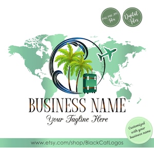 Logo d'agent de voyage, conception de palmier vague océan mer, logo de voyage, logo d'agence de voyages, conception de voyage valise d'avion, logo de blog de tourisme