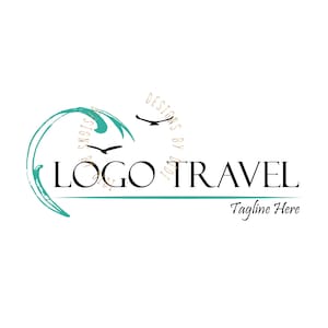 May include: Logo design for a travel business. The logo features a teal wave and two birds in flight. The words "LOGO TRAVEL" are in black, with "Tagline Here" below. The design includes the text "DESIGNS BY JUDI".