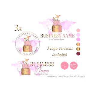 Travel Logo, 3 X logo travel versions, suitcase travel agent agency logo, pink gold travel logo, travel Business Logo rose gold aircraft map