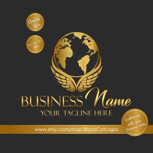 Elegant Gold Travel Logo: Angel Wings Globe Design (Digital Files)
