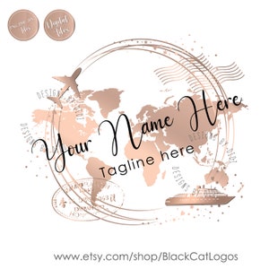 Travel Logo, plane ship cruise logo, travel agent logo, travel agency logo, copper rose gold map travel logo design, vector tourism logo