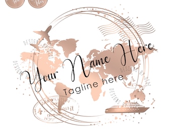 Reise-Logo, Flugzeug-Schiff-Kreuzfahrt-Logo, Reisebüro-Logo, Reisebüro-Logo, Kupfer-Rosengold-Karte, Reise-Logo-Design, Vektor-Tourismus-Logo