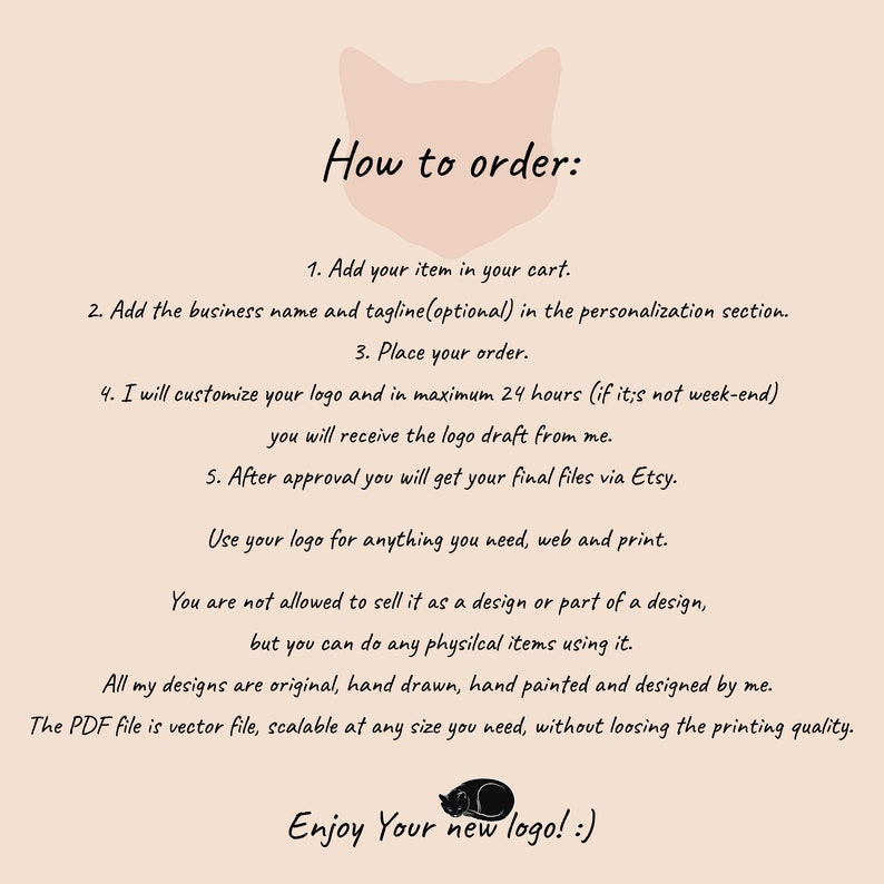 May include: A beige graphic with the text "How to order:" followed by numbered steps for ordering a custom logo. The text includes details about customization, approval, and file delivery. A black cat illustration is at the bottom.