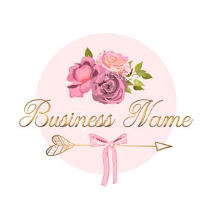 Flower logo design, logo design boutique, watercolor pink flowers, flowers bow Logo, pink gold arrow, logo design flowers bow arrow gold