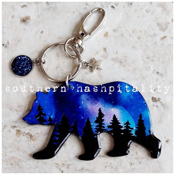 Night Sky Treeline Bear Keychain