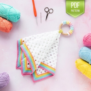 Crochet Baby Lovey Pattern – Prism Rainbow Toy with Teething Ring (PDF Pattern)