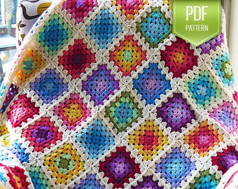 CROCHET PATTERN - rainbow granny square blanket - rainbow blanket - colourful blanket