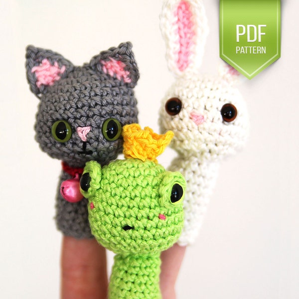 CROCHET PATTERN animal fingerpuppets - Instant download - bunny, cat, and frog fingerpuppets