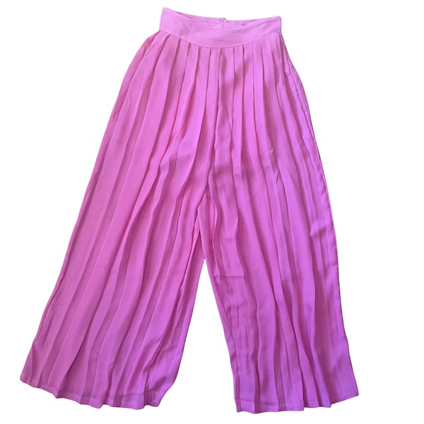 Vintage Pink Pleated Wide Leg Palazzo Pants / 1980s Retro Flowy Resort Trousers / Size S