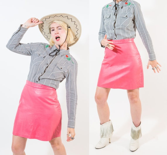 Bubblegum Pink Leather Mini Skirt / 1980s / Size S