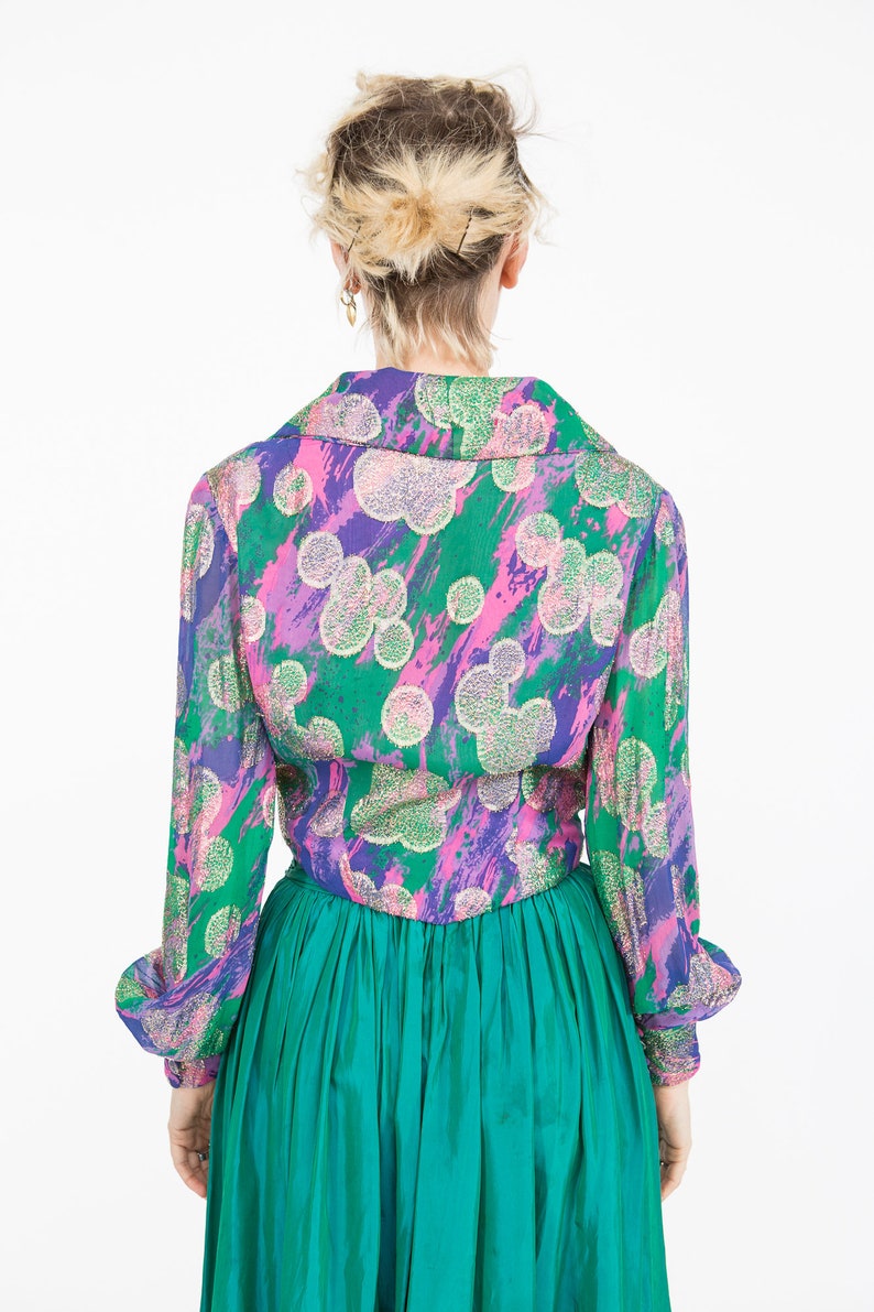 Rainbow Silk /& Gold Lame Psychedelic 70s Blouse w LARGE Lapels Size S