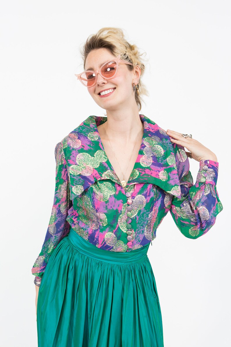 Rainbow Silk /& Gold Lame Psychedelic 70s Blouse w LARGE Lapels Size S
