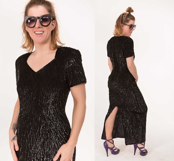 Black Sequin Gown / Full Length / 1990s Cocktail A