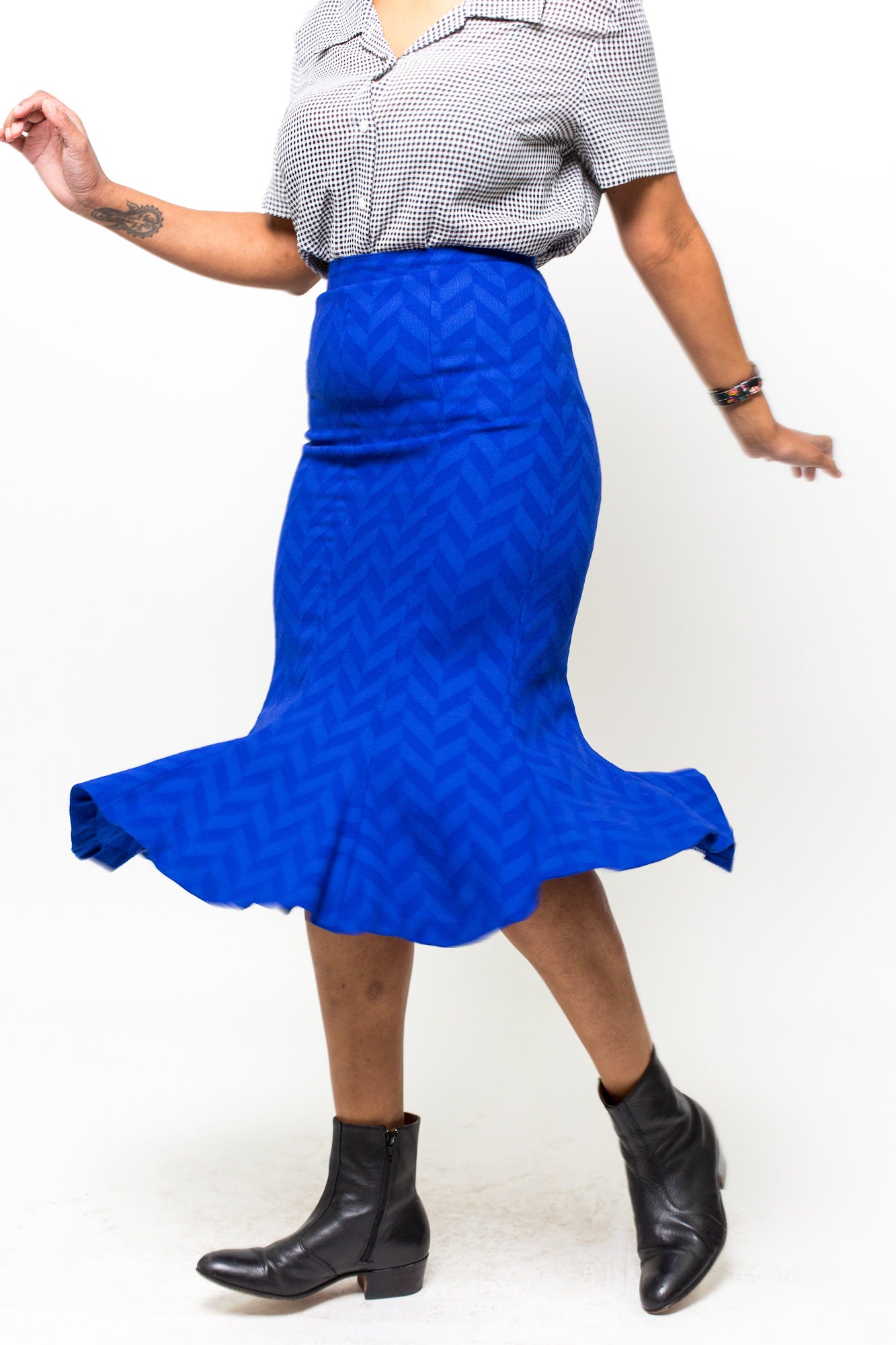 Blue Pencil Aline Bell Skirt W/ Herringbone Pattern / 1980s Japan