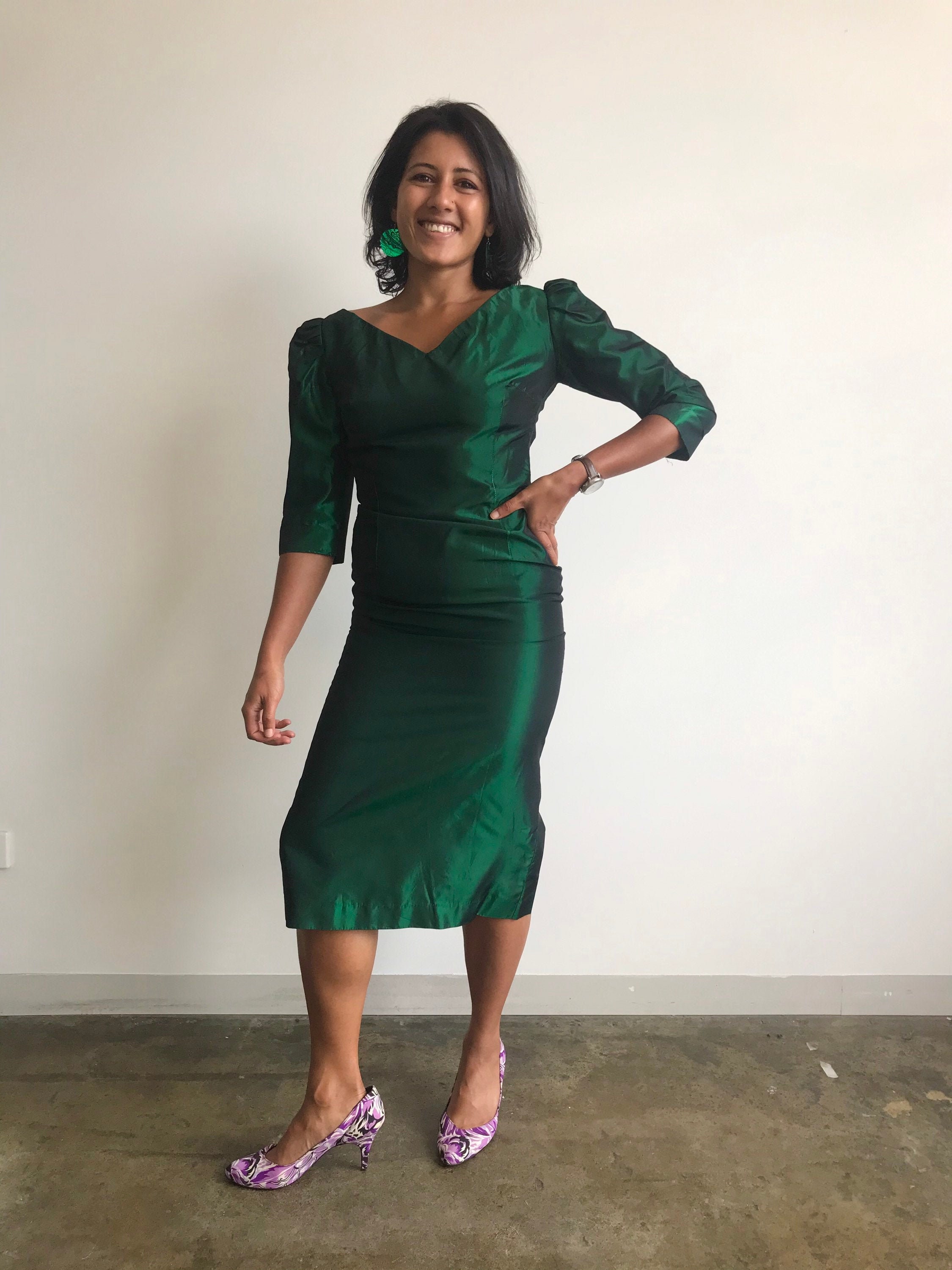 knee length emerald green cocktail dress