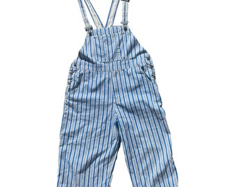 vintage 1990s Pinstripe Dungarees / Bright Blue Summer Playsuit / Denim Overalls / Nautical Beach Casual Streetwear / Size S