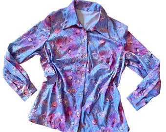 Vintage Psychedelic Purple Daisy Blouse / 1970s Floral Amethyst Button Up Shirt / Boho Mod Hippie Psychedelia / Size L