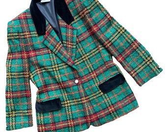 Vintage Green Tartan Preppy Blazer w/ Velvet Collar + Pockets / 1980s Classic Cut / Plaid Pattern Clueless / Size M-L