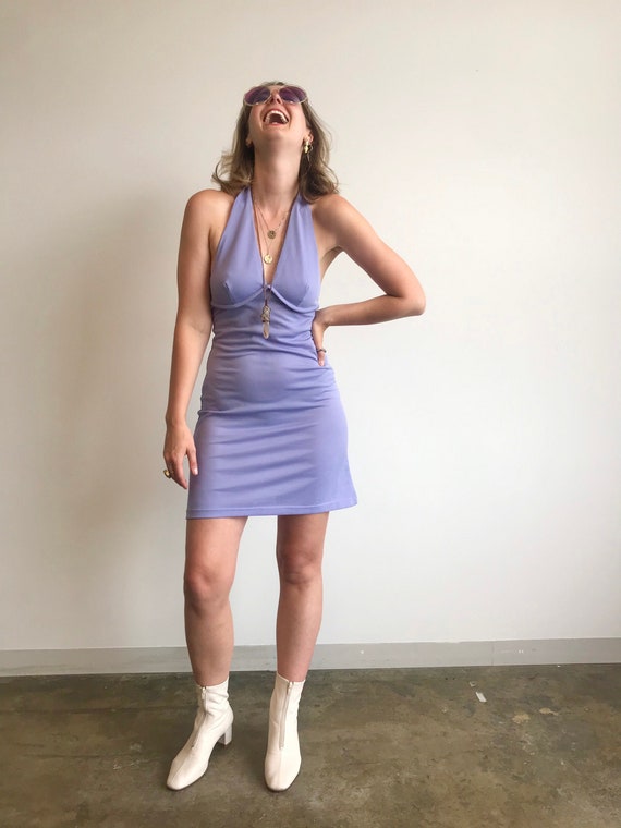 Retro Lilac Halter Neck Dress / 90s does 70s Mod M