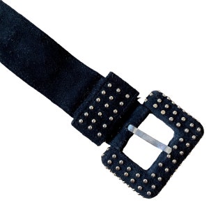 Vintage Black Suede Leather Belt w Gold Studs / 1980s Chunky Thick Belt w Gold Hardware / Size M